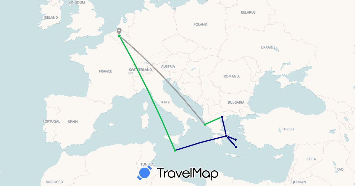 TravelMap itinerary: driving, bus, plane in Belgium, Greece, Malta (Europe)